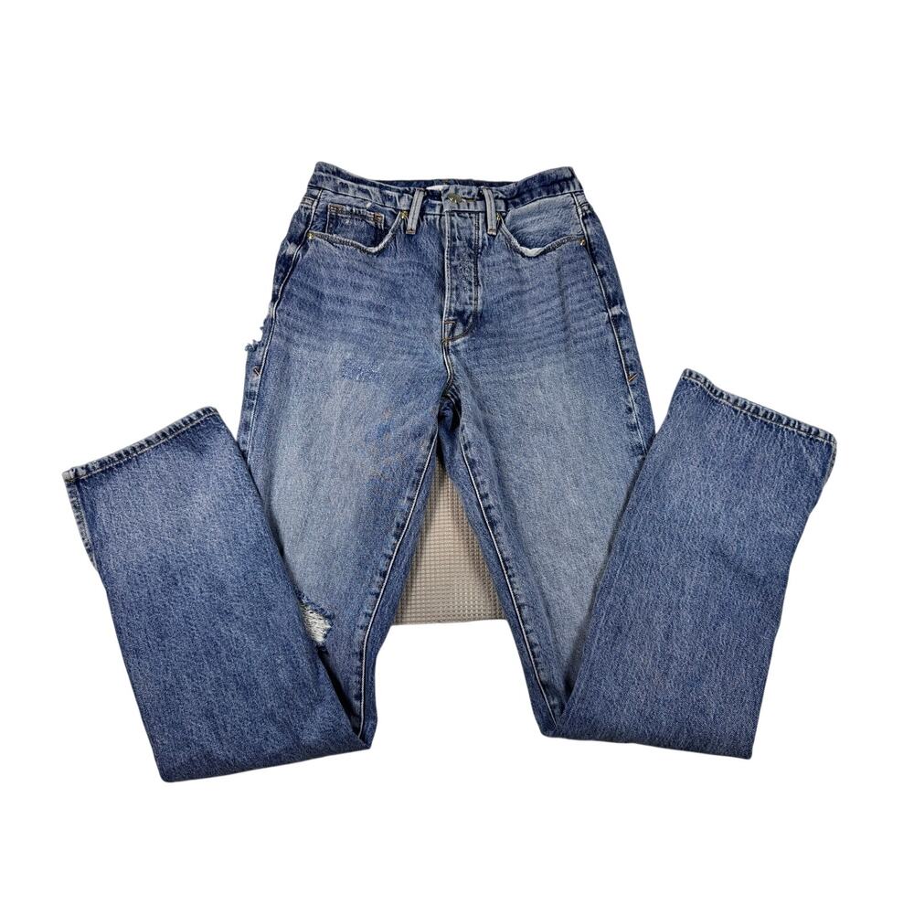 Good American Jeans Women 0/25 High Rise Distressed Straight Leg Acid Wash Blue